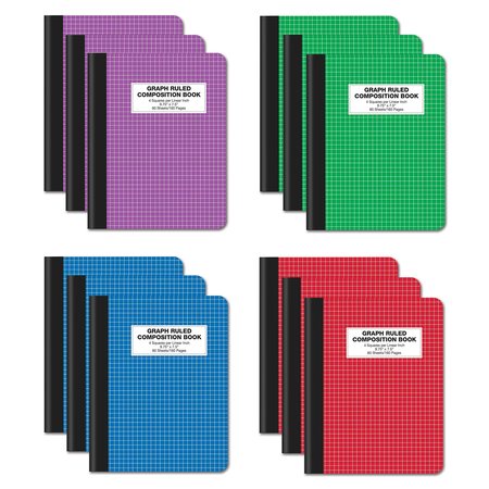 BETTER OFFICE PRODUCTS Quad Ruled Comp Book Notebook, 4x4 Graph Ruled Paper, 80 Sheets, 9.75in. x 7.5in. Black Cover, 12PK 25612